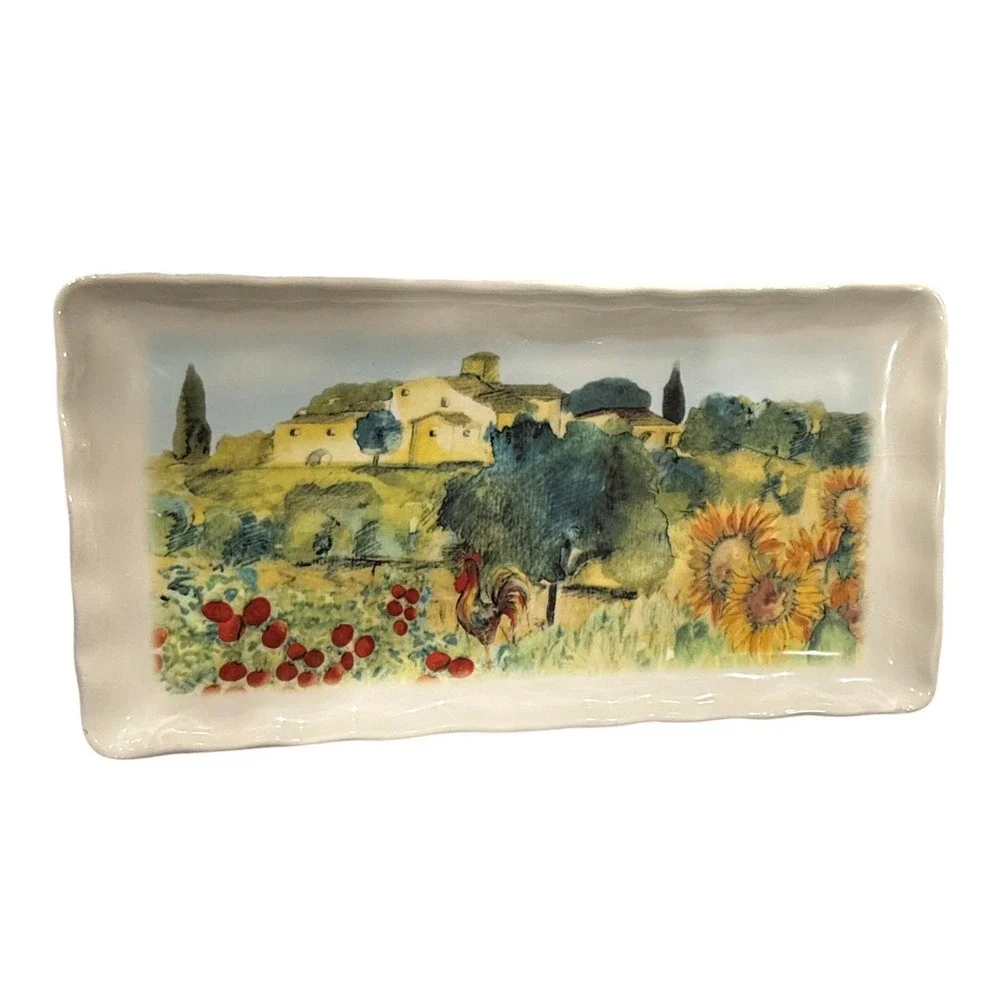 Hand Decorated Italian Rectangular Platter Rooster Sunflower Tuscan Pottery Tray
